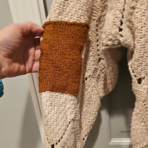 Vintage 80s Crochet Cardigan Long Cream Brown Knit Bohemian Large Retro Patches - Picture 4 of 12